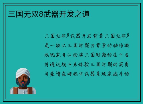 三国无双8武器开发之道